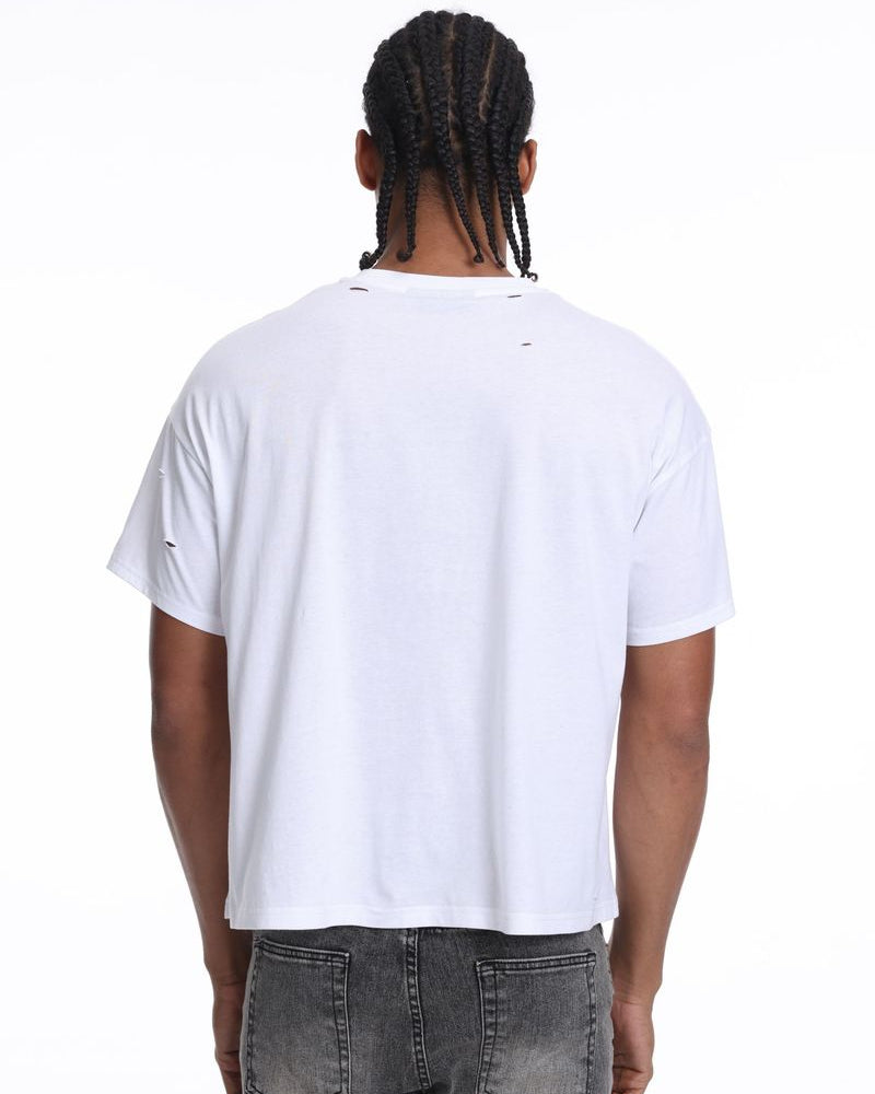 Person wearing a white t-shirt and gray pants on a white background