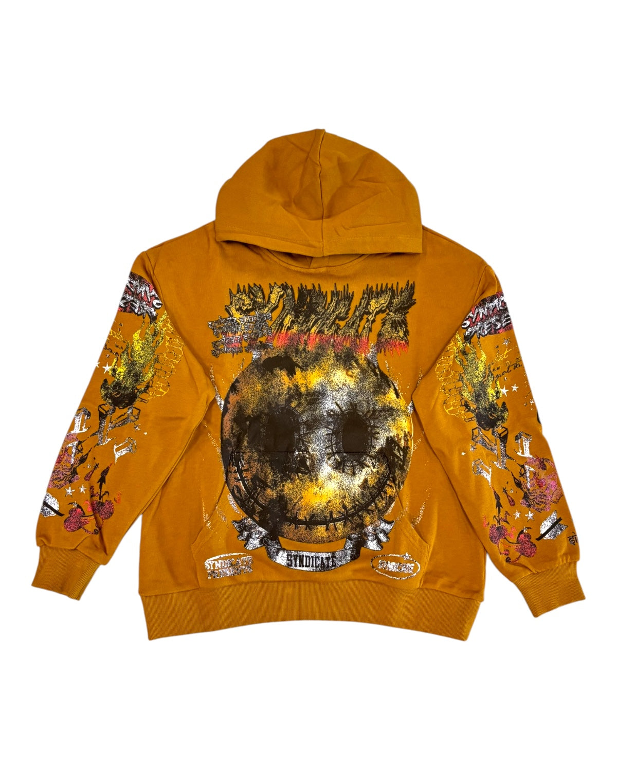 Mustard yellow hoodie with graphic designs on a white background
