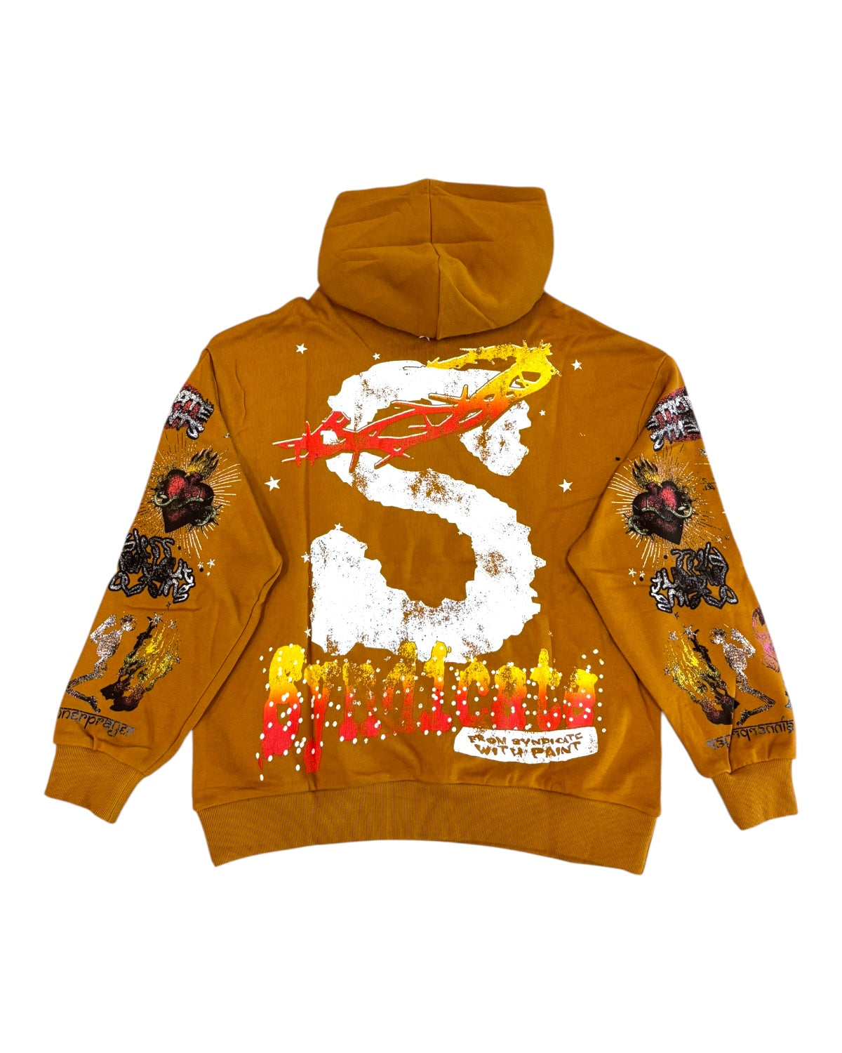 Brown hoodie with colorful graphics and a large white letter 'S' on a white background