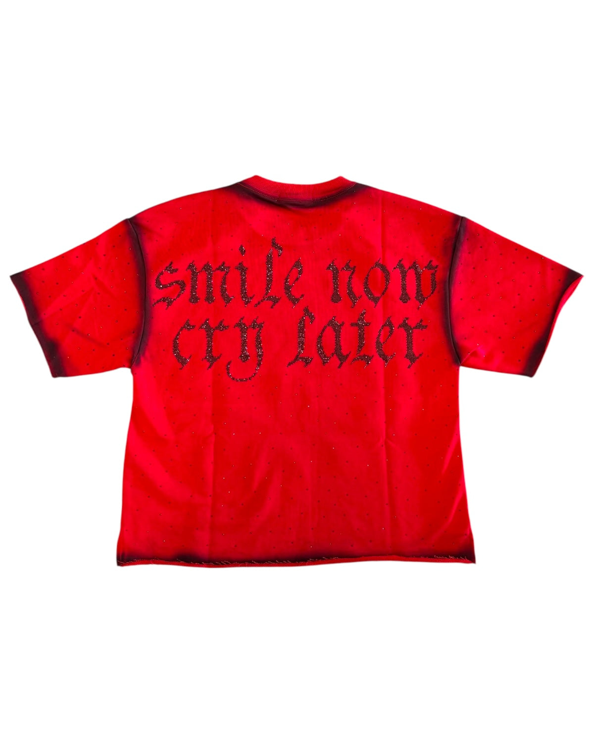 Red t-shirt with black text 'smile now cry later' on a white background