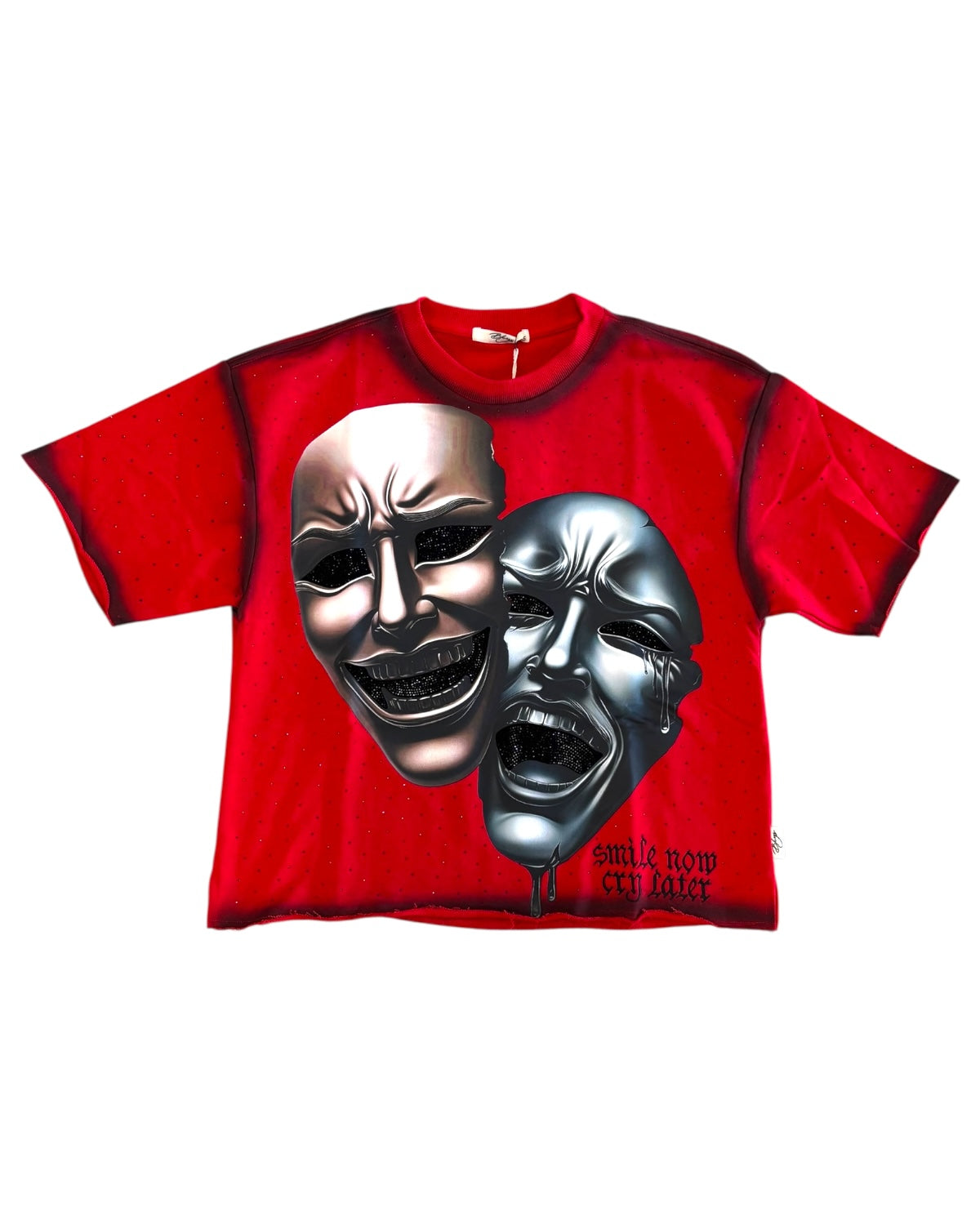 Red t-shirt with silver masks design on a white background