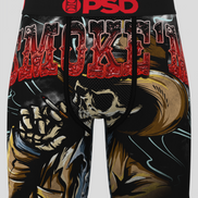 PSD underwear with graphic design featuring a fist, skull, and text on a gray background