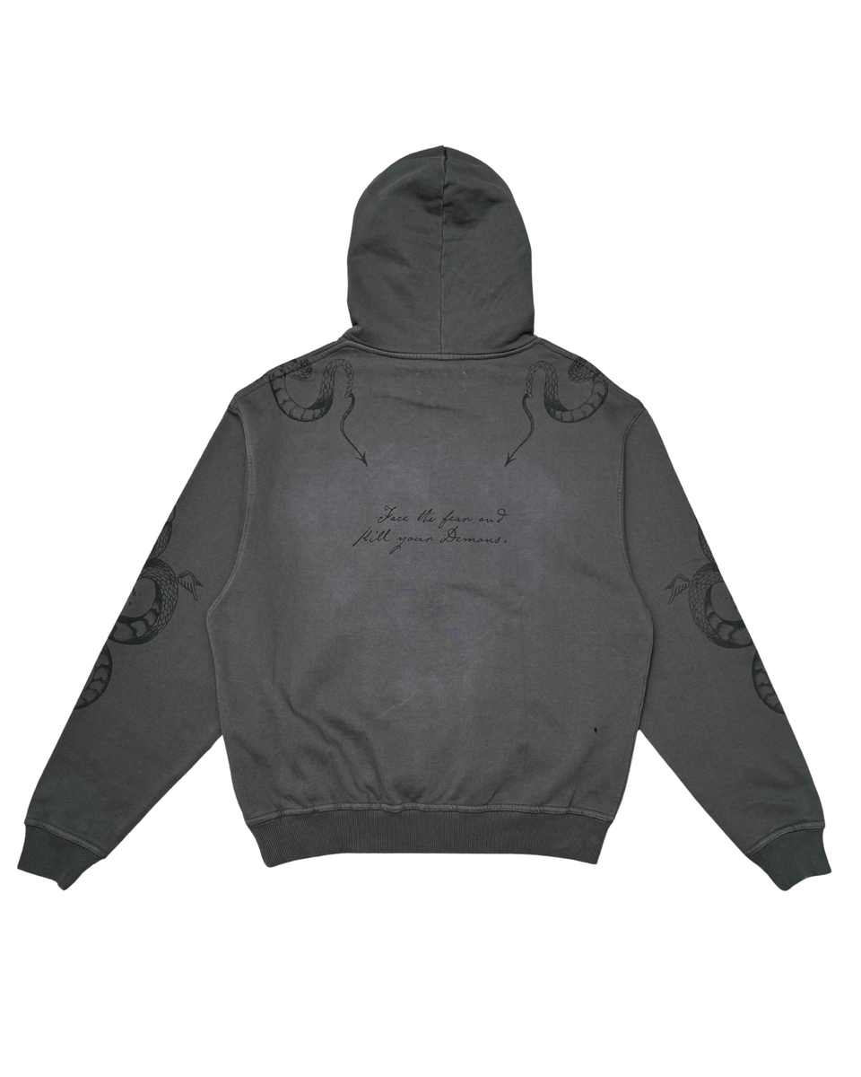 Dark gray hoodie with text on the back against a white background