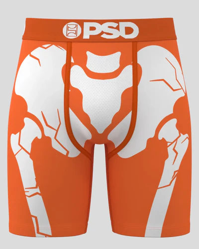 Orange athletic BRIEFs with white graphics on a gray background