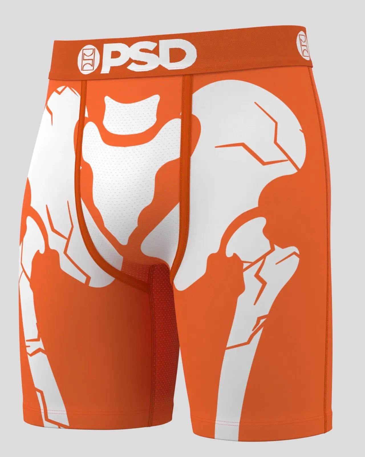 Orange athletic briefs with white graphics and 'PSD' branding on a gray background