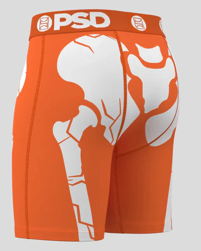 Orange athletic briefs with white graphics and 'PSD' branding on a gray background