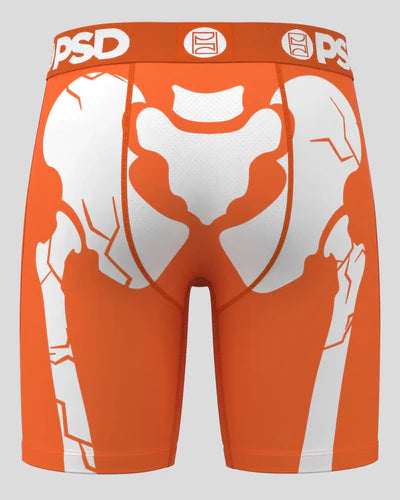 Orange athletic briefs with white graphics on a gray background