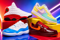 Four colorful sneakers on a vibrant background