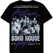 A black short-sleeve graphic t-shirt featuring a vintage-style concert poster design for 'SOHO HOUSE Hollywood' with a black-and-white band photo and purple and white text.