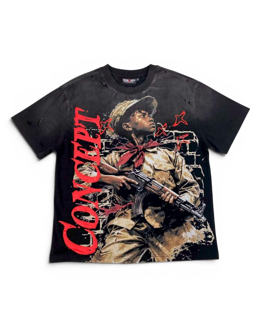 Black t-shirt with graphic design of a person holding a rifle and red text on a white background