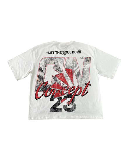 White t-shirt with graphic design and text on a white background