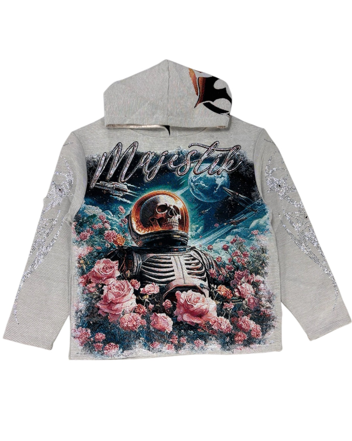Gray hoodie with a skeleton, flowers, and 'Mystic' text design on a white background