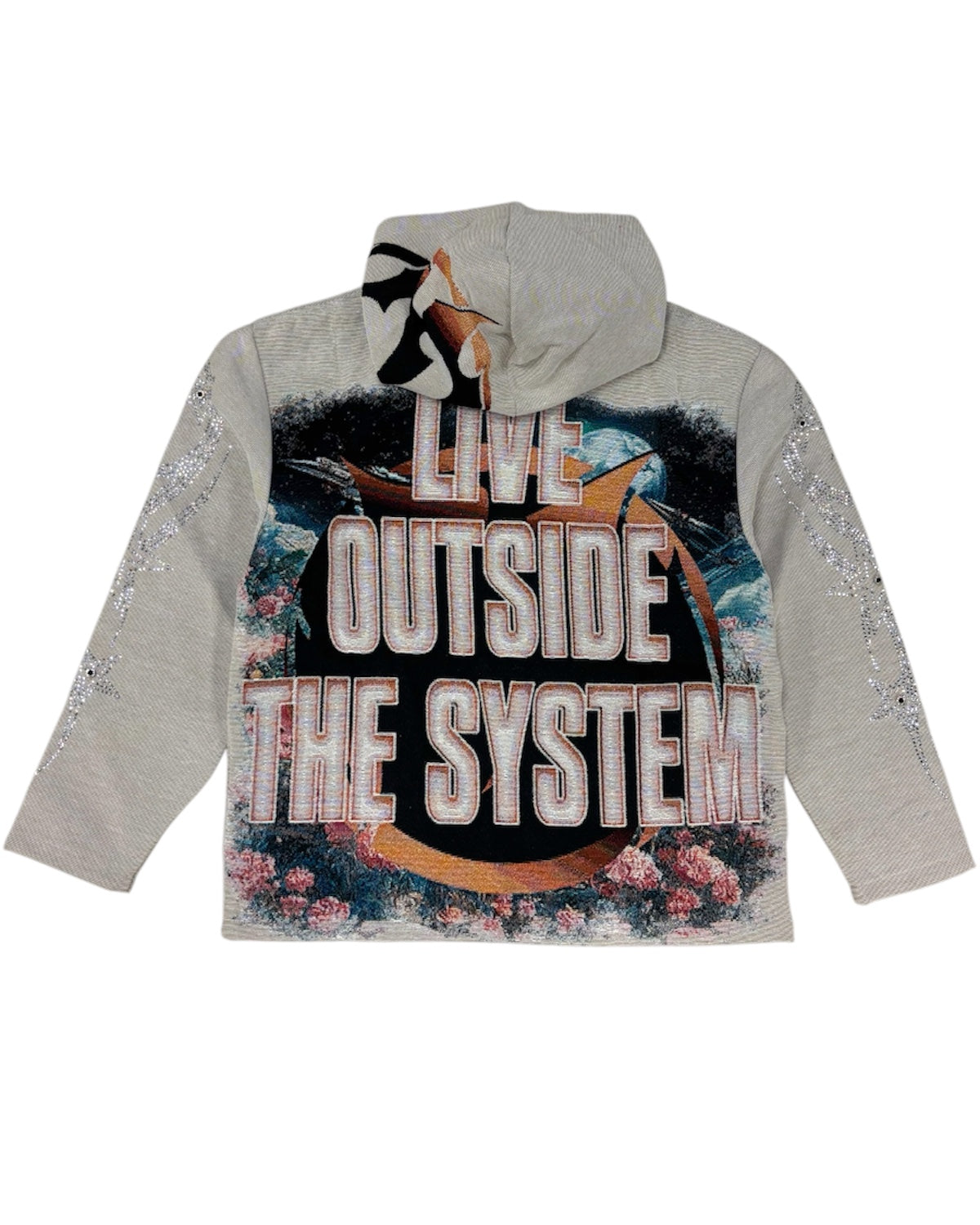 Hoodie with 'Live Outside the System' text and graphic design on a white background