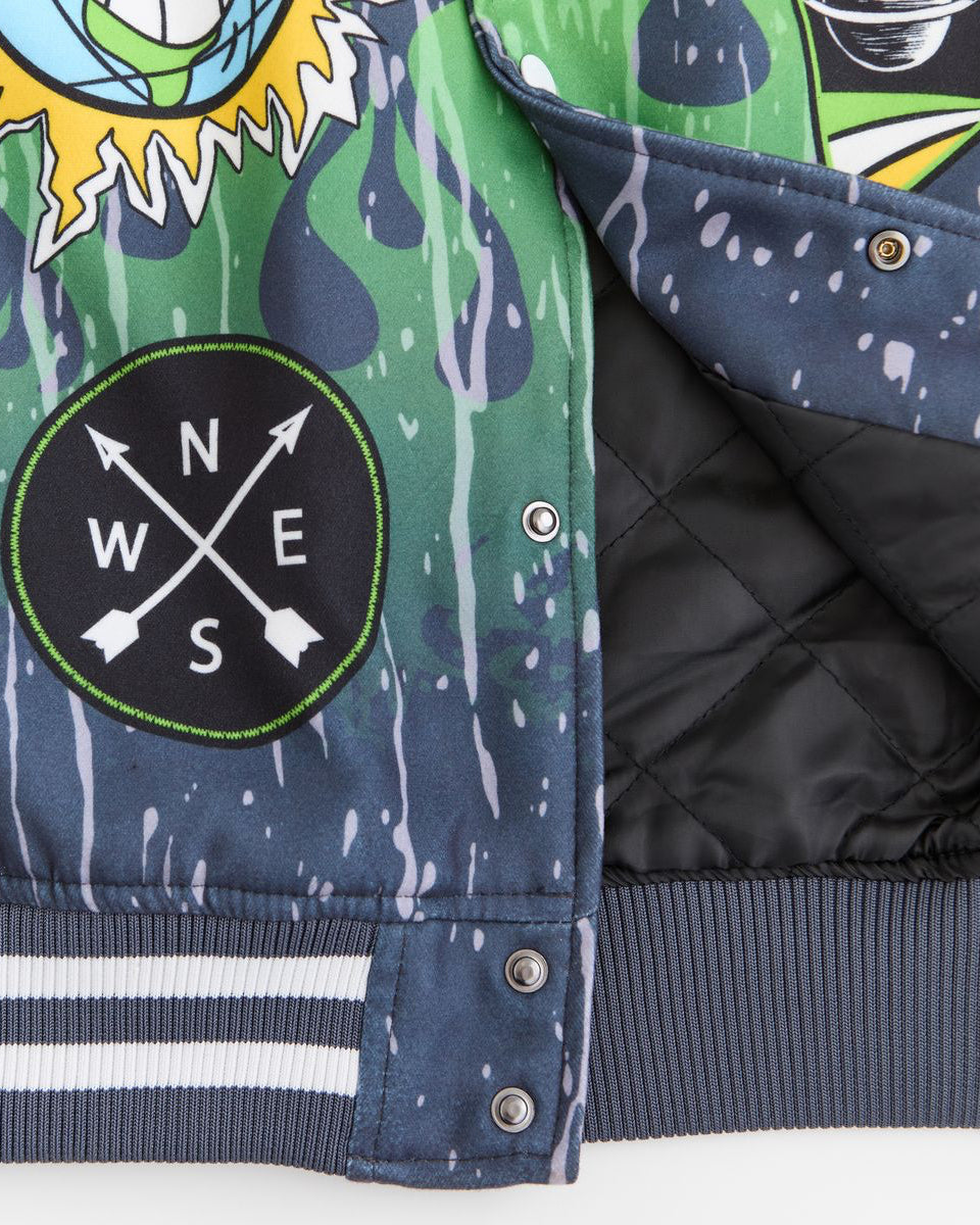 Close-up of a colorful jacket with a 'N W E S' patch and cartoon design.