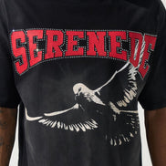 Black t-shirt with red text and white eagle design on a plain background