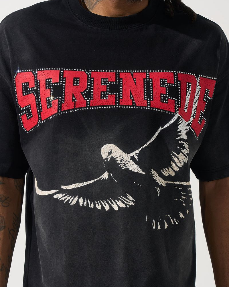 Black t-shirt with red text and white eagle design on a plain background
