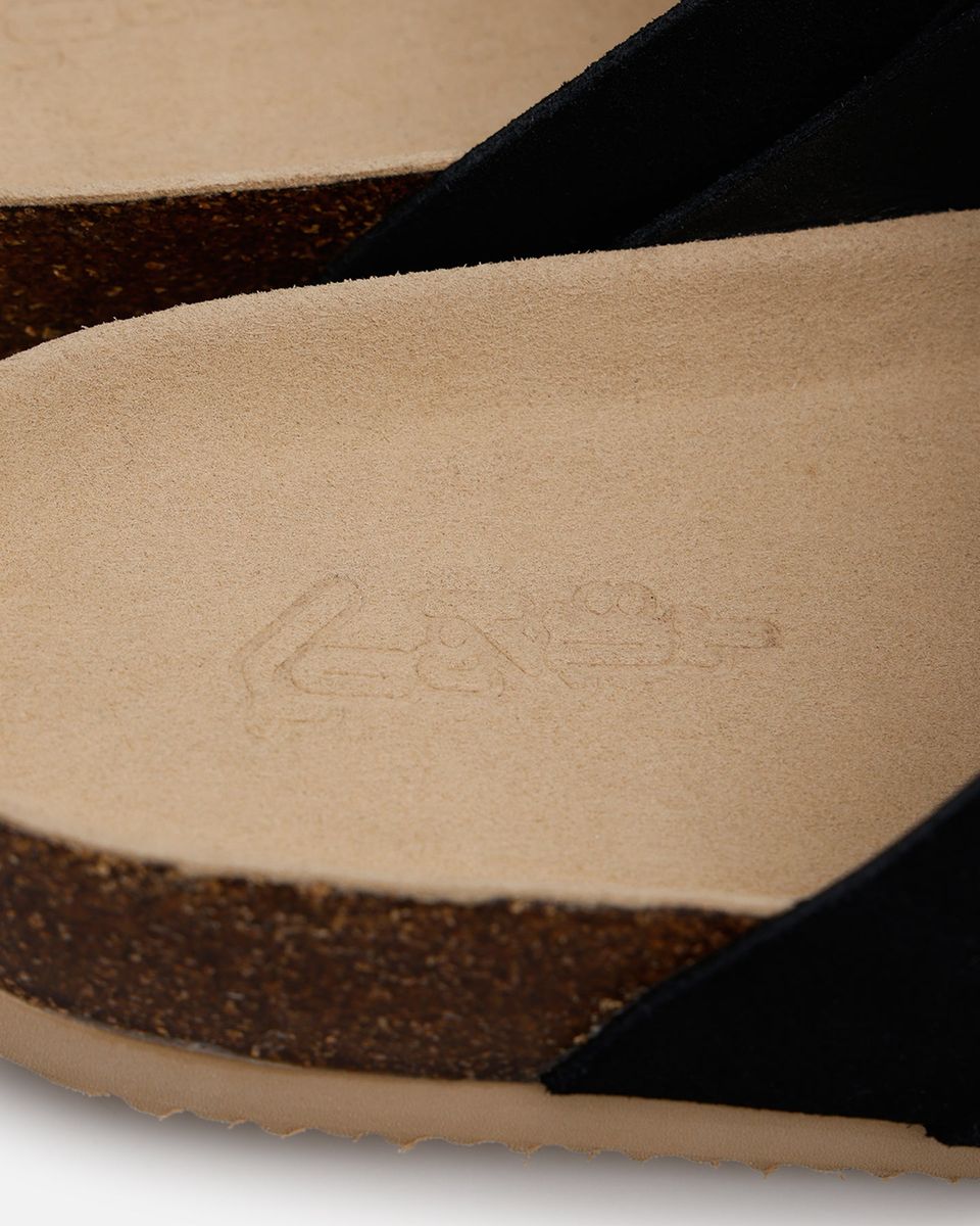 Close-up of a sandal sole with a brand logo on a white background