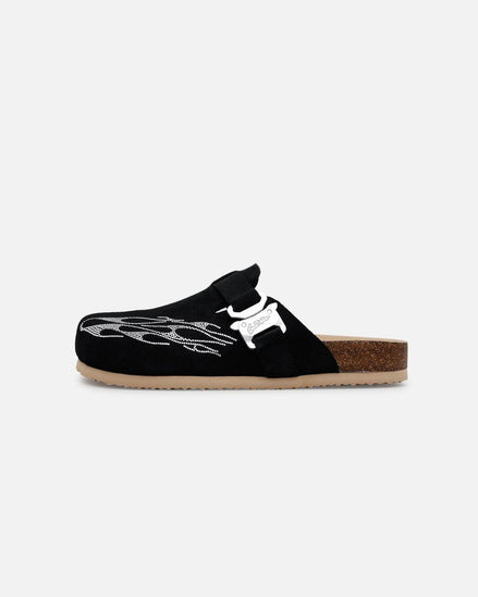 Black slipper with white design on a white background
