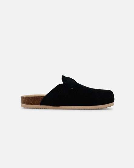 Black slipper with cork insole on a white background