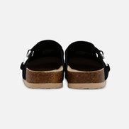 Pair of black sandals with cork soles on a white background