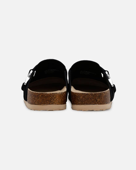 Pair of black sandals with cork soles on a white background