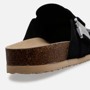 Black sandal with cork wedge sole on a white background
