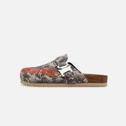 Camouflage sandal with a white buckle on a white background