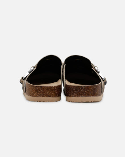 Pair of brown sandals with cork sole on a white background