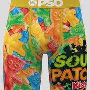 Colorful gummy bear patterned BRIEFS with 'Sour Patch Kids' branding on a white background.