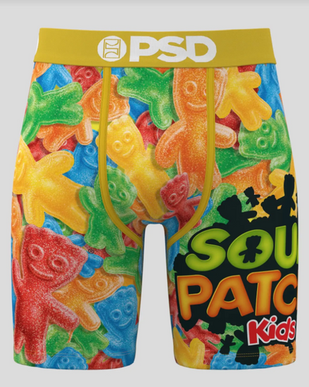 Colorful gummy bear patterned BRIEFS with 'Sour Patch Kids' branding on a white background.