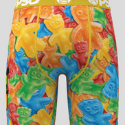 Colorful gummy bear patterned underwear with 'PSD' branding on a white background