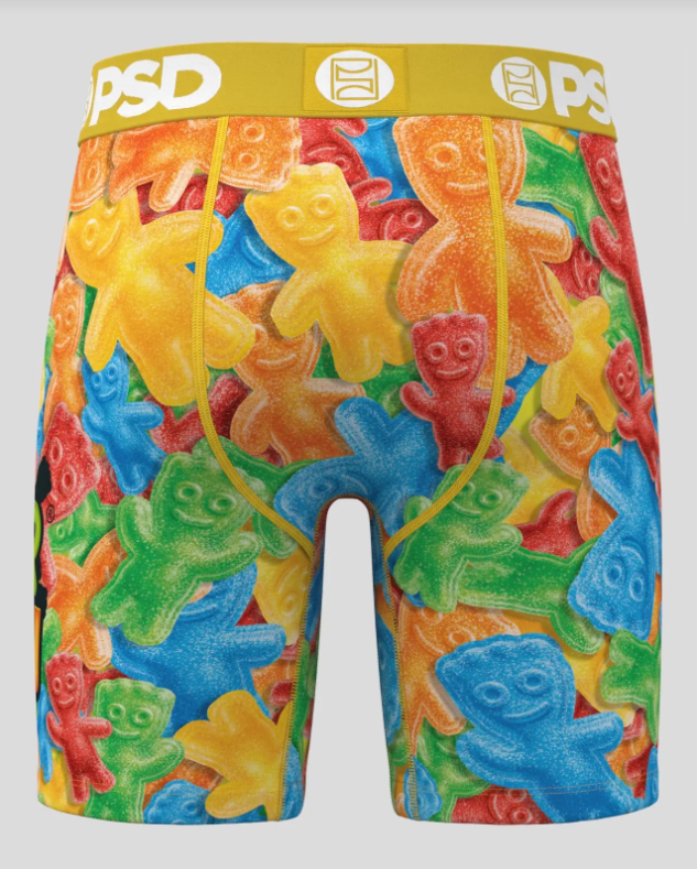 Colorful gummy bear patterned underwear with 'PSD' branding on a white background