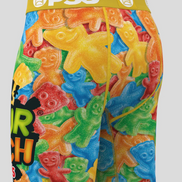 Colorful gummy bear patterned underwear with visible branding on a gray background
