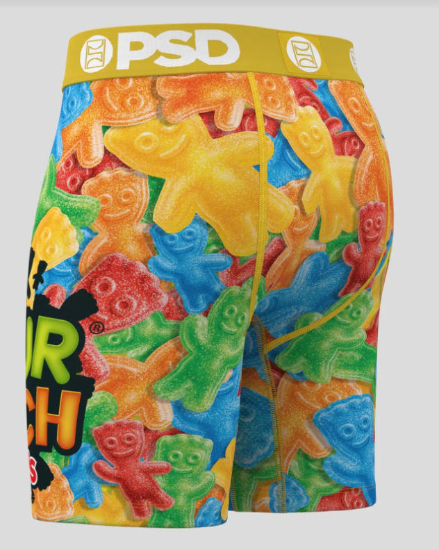 Colorful gummy bear patterned underwear with visible branding on a gray background