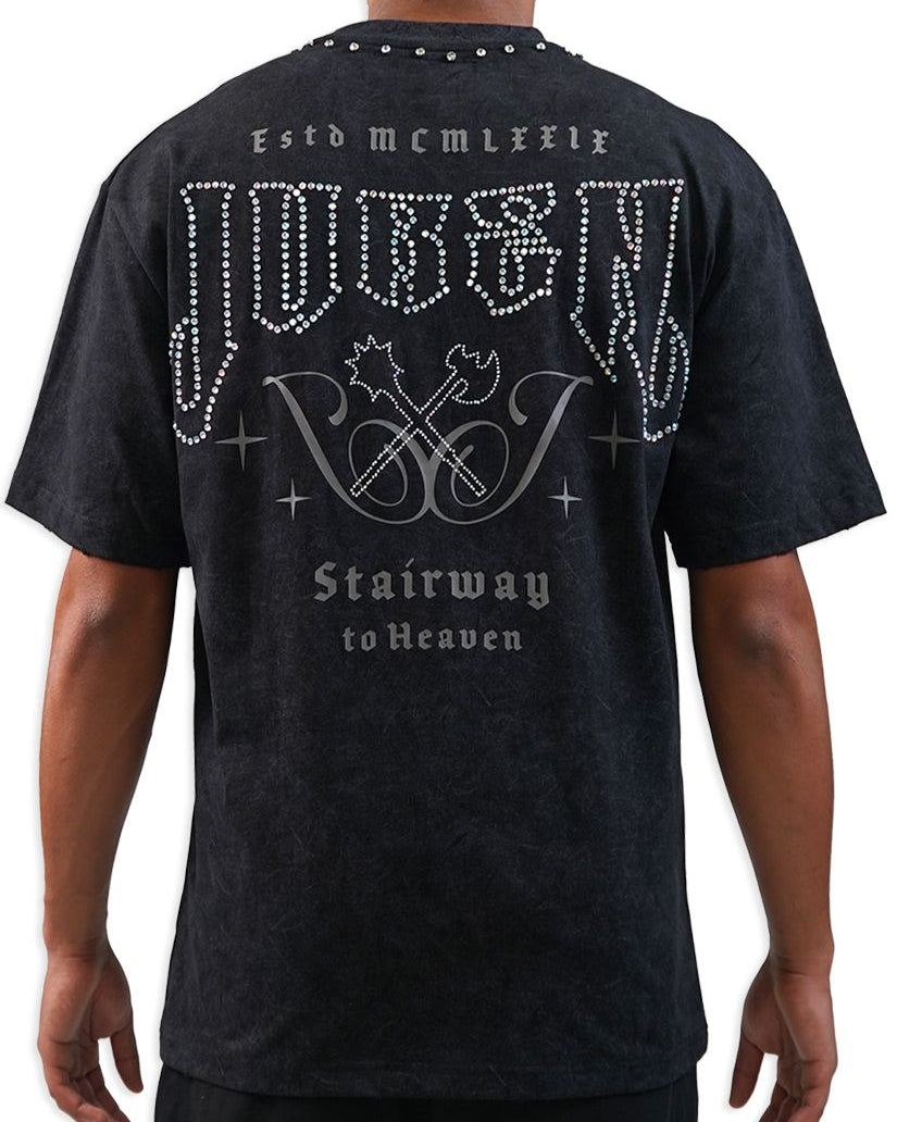 Black t-shirt with 'Stairway to Heaven' design on the back, worn by a person.