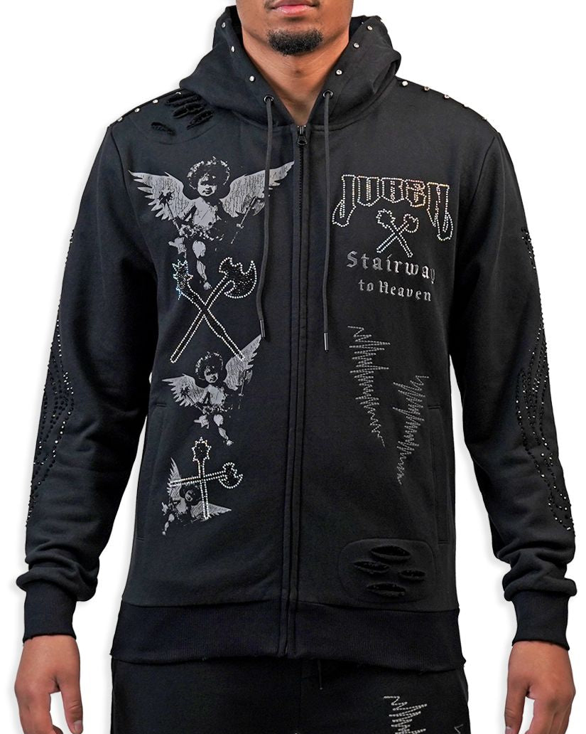 Black hoodie with graphic designs and text on a white background