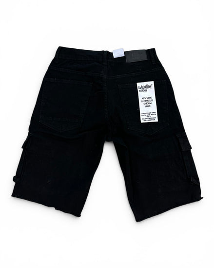 Black shorts with a brand label on a white background