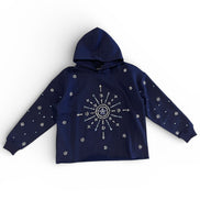 Navy blue hoodie with star patterns on a white background