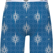 Blue boxer briefs with white star pattern and brand logo on waistband