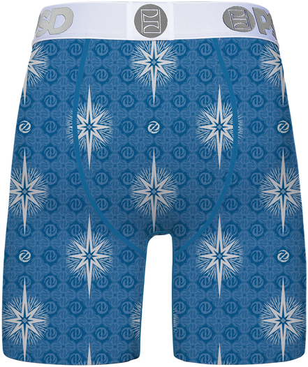 Blue boxer briefs with white star pattern and brand logo on waistband