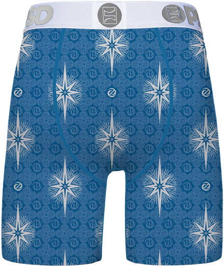 Blue boxer briefs with white star pattern and brand logo on waistband