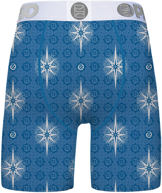 Blue boxer briefs with white star pattern and brand logo on waistband