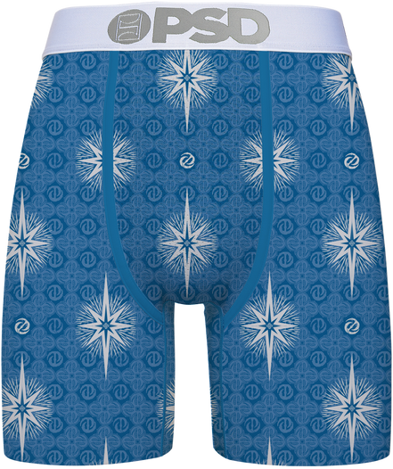 Blue boxer briefs with star pattern and 'PSD' branding on a white background