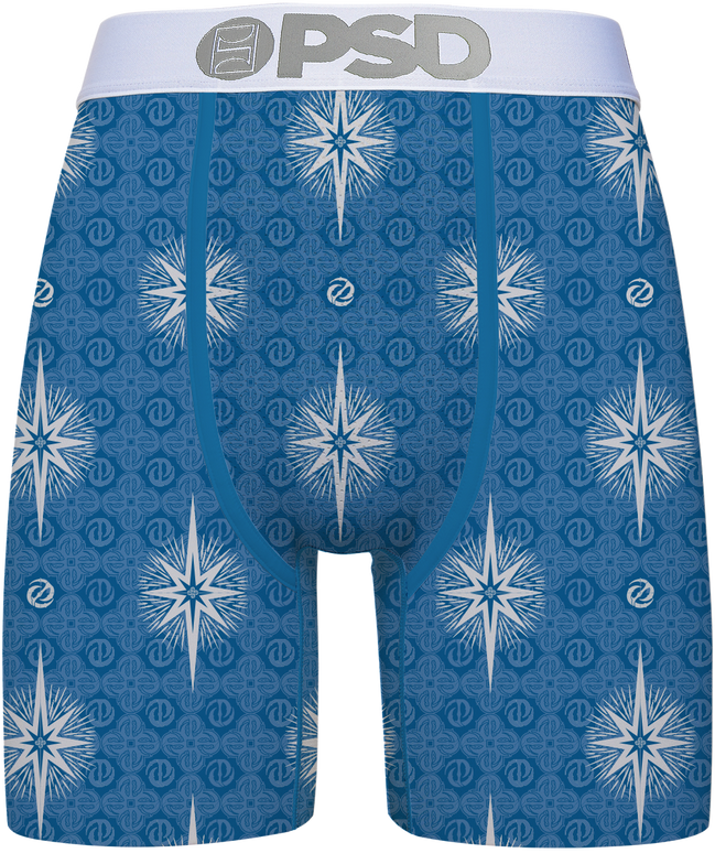 Blue boxer briefs with star pattern and 'PSD' branding on a white background