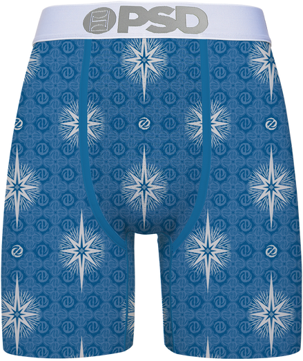 Blue boxer briefs with star pattern and 'PSD' branding on a white background