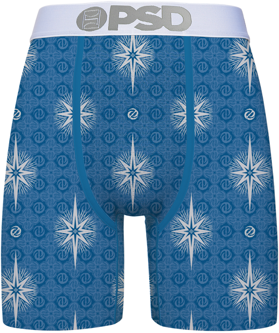 Blue boxer briefs with star pattern and 'PSD' branding on a white background