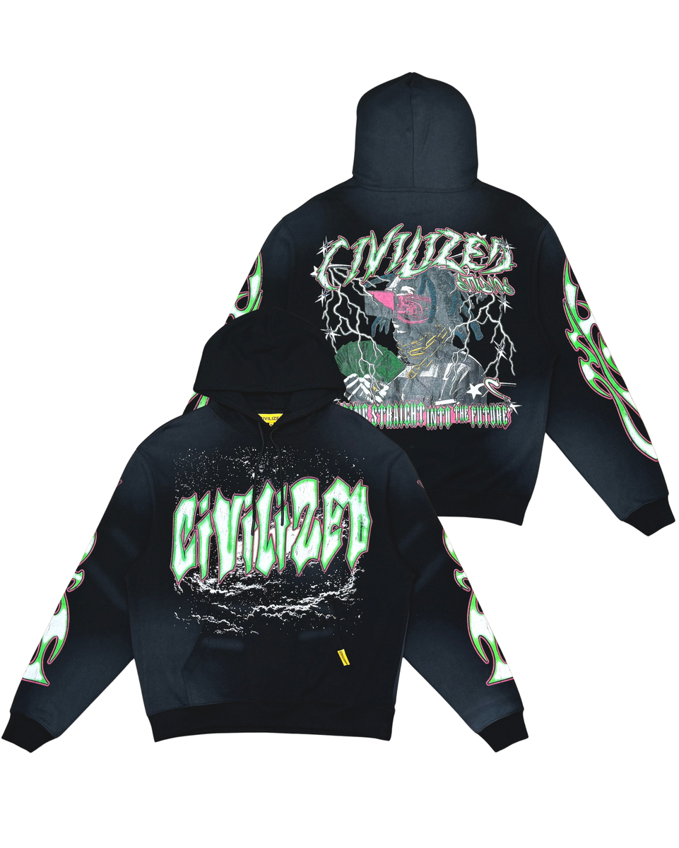 Black hoodie with neon green and white graphics on a white background