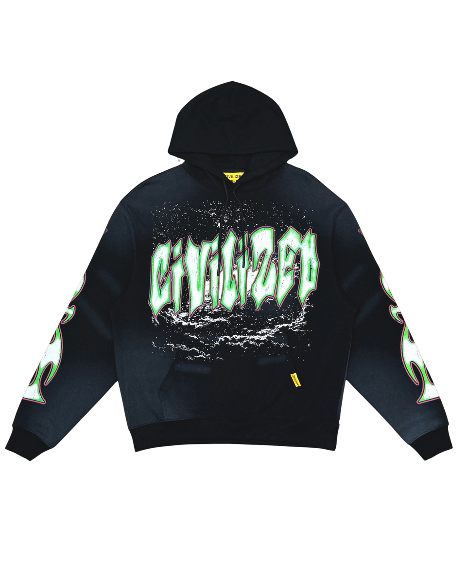 Black hoodie with green and white text on a white background