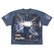 T-shirt with a graphic design of a hand holding a light source, featuring the text 'Stray Star Industries' on a white background.
