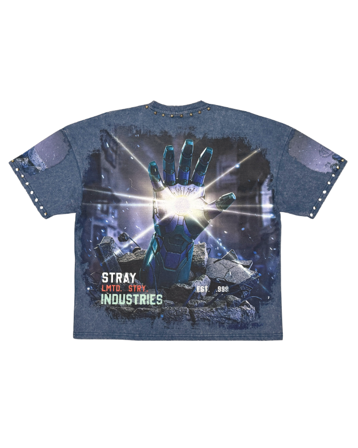 T-shirt with a graphic design of a hand holding a light source, featuring the text 'Stray Star Industries' on a white background.